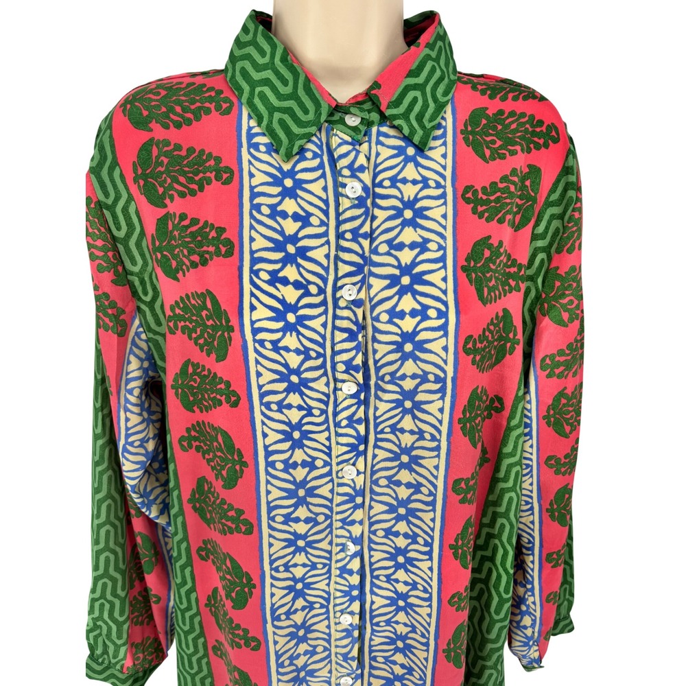 Marila Stile Italiano Mixed Print Button Down Shirt Dress Red Green Blue Large